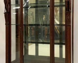 1242 - Vintage Figural Carved China Cabinet Mahogany, mirror back, glass shelves 61 x 44.5 x 17