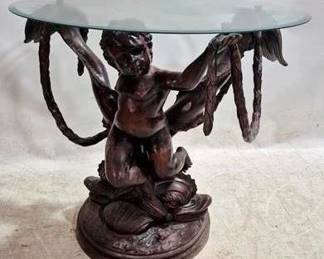 65x - Bronze Cherub Table with Glass top beveled glass 32 x 35