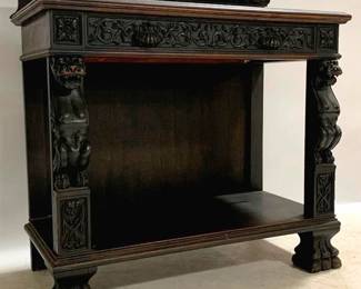 1243 - Griffin Adorned Heavily Carved Server resting on paw feet, carved backsplash, one drawer 42 x 42 x 20