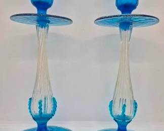 4070 - Pair Steuben Celeste Blue 10.5" Candlesticks Gold Flake Trim