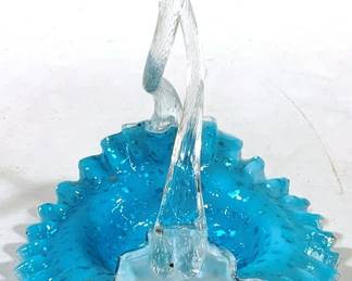 2360 - Blue Art Glass Twisted Handle Basket 8 x 6 x 5