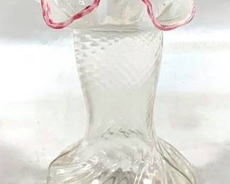 2341 - Jefferson Opalescent Swirl Ruffled Vase Cramberry trim 7.5"