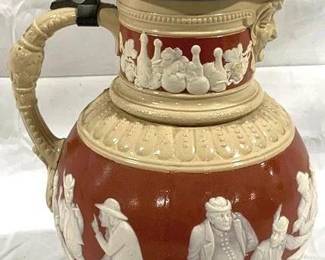 2109 - Vintage Mettlach German Stein w/ inlay lid 13.5" tall - #2210 - type: Cameo Tavern & Bowling scene (master to 2211)