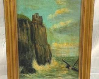 2336 - Early Oil on Canvas Painting Under Glass 23 x 13, framed under glass