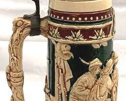 2052 - Vintage Lidded German Stein, Matthias Girmscheid 18" tall depicts a scene titled "Die Wilderer in der Sennhutte" which means "The Poachers in the Mountain Hut"
