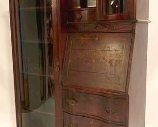 9295 - Original Finish Oak Side by Side Bookcase Desk Fancy carvings, bonnet top 72 x 44 x 14