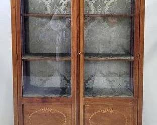 4214 - English Edwardian Inlaid 2 Door Cabinet with key 69 x 36 x 13 damask interior Repair to leg