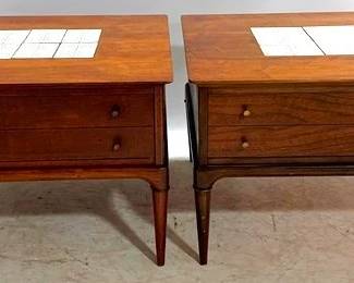 1306 - Pair Lane Tile Top Walnut End Tables 20 x 28 x 28 crack in tile