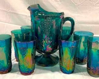 2476 - Indiana Carnival Glass 9pc Water Set pitcher 11", glasses 6"