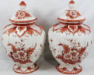 690 - Huge Pair Red/White Lidded Campotti Jars 20"