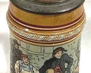 2160 - Vintage Mettlach German Beer stein w/ inlay lid 9" tall - #1403