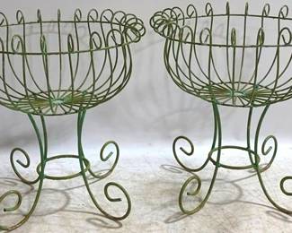 1375 - Pair Green Wire Garden Planters 25 x 22