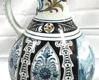 2106 - Vintage German Mettlach Old Narrow Neck Jug 17.5" tall - w/ lid - #5003 - hairline crack in base type: delft