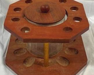 2504 - Wood Pipe Stand w/ Glass Humidor 9 x 9 x 6, crack in wood