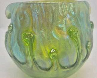 4050 - Loetz Art Nuveau Green Iridescent Crimped Vase 5 x 5.5