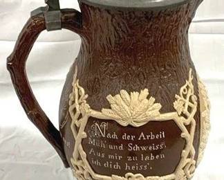 2119 - Vintage Villeroy & Boch German Beer Stein 14" tall - Mettlach #1028 type: relief, lid: inlay - background like tree trunk, man carrying hay, walking with women