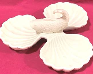 2008 - Fitz & Floyd Koi Fish 3-Section Clam Shell Dish made of porcelain with a glossy bone-white glaze 8" round