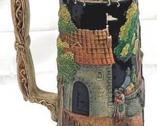 2102 - Vintage German Beer Stein w/ lid 15.5" tall - possibly made by Gerz text translates to "Three rider5s rode out the gate, farewell! His sweetheart looks out the window after them."