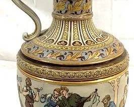 2053 - Antique 6.2L Mettlach German Beer Stein #1159 "Peasant Dance" - 21" tall etched w/ pewter lid