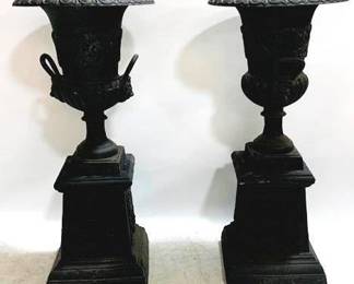 1374 - Pair Cast Iron Urns on Pedestals 41 x 19