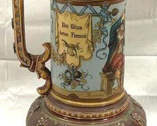 2110 - Vintage Mettlach German Beer Stein w/ inlay lid 17" tall - #1916 - type: etched Cavaliers drinking