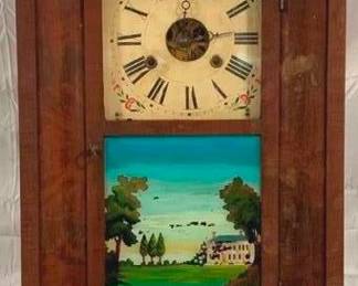 2513 - Chauncey Jerome Ogee Reverse Painted Clock 26 x 16 x 5 w/ weights