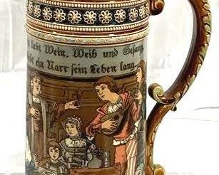 2112 - Vintage Mettlach German Beer Stein w/ lid 21" tall - #1577 - type; etched, lid: pewter 12 people in dinner scene (mate to 1578)