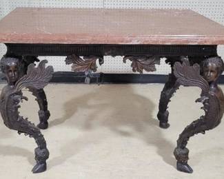 1422 - Bronze Four Satyr Table w/ a Marble Top as is - missing pieces - 2 need to be reglued 30.5" x 44" x 31"