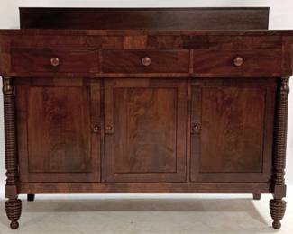 1200 - 19th Century American Classical Sideboard with backsplash, beehive carved column, 3 drawers & 3 doors 51 x 63 x 23