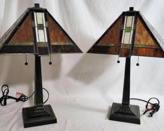 7177 - Pair of Square Stained Glass Shade Lamps 22.5" tall
