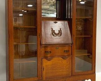 1341 - Fancy Carved Oak Double Side by Side Case beveled mirror, carved gallery 72 x 58 x 13