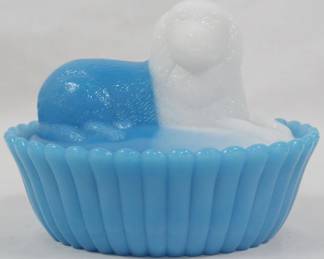 62 - Blue & White Slag Glass Puppy Dog Jar 4.5"