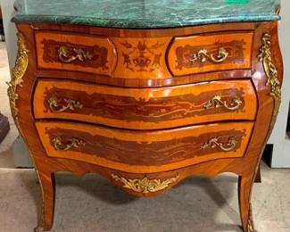 1419 - French Marble Top Bombe Inlaid Chest some veneer peeling, with brass ormolu 32 x 39 x 19