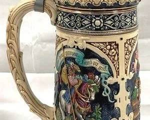 2082 - Vintage German Beer Stein w/ lid 18" tall - made in Germany, likely the Kannenbaeckerland region. Features relief scenes from the poem "Die Lindenwirtin"
