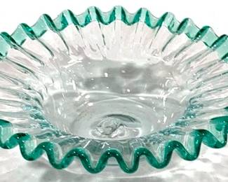2353 - Crystal Bowl w/ Green Ruffled Rim 9"
