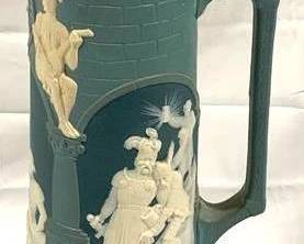 2130 - Vintage Mettlach German Beer Stein w/ inlay lid 17" tall - #2634 - type: cameo, rodenstein stein, three panels, knights drinking, by stahl