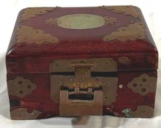 2441 - Asian Brass Overlay Vintage Jewelry Box 5.5 x 4.5 x 3 jade inlay top