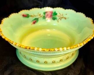 4069 - Heisey Hand Painted Custard Uranium Glass Bowl 3 x 8.5, Signed H in Diamond, glows under black light