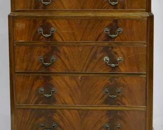 3942 - Book matched mahogany chest on chest Queen Anne legs, backsplash 59 x 37 x 20