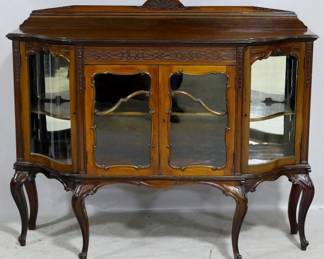 3934 - Queen Anne fancy carved vitrine server serpentine curved glass, carved backsplash 46 x 54 x 18