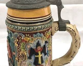 2137 - Vintage German Beer Stein w/ lid 10" tall - signed