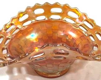 2389 - Fenton Basketweave Marigold Carnival Dish 6 x 4.5 x 3