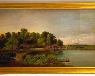 1402 - Framed Painting on Board, Gold Frame 26 x 40, scratched