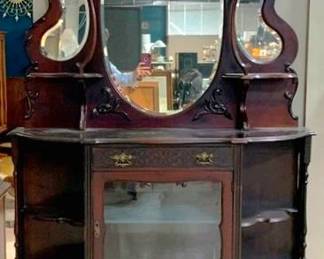 1420 - Vintage Mahogany Carved Edwardian Etagere w/ 3 mirrors - some missing pieces 83 x 48 x 12