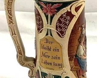 2080 - Vintage German Beer Stein w/ inlay lid 15" tall - made in Germany Text on stein translates to "Who loves not wine, woman and song"