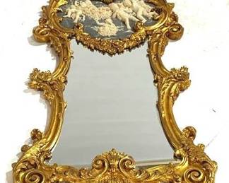 9660 - French Carved Mirror Adorned w/ Cherubs in Relief 60 x 28