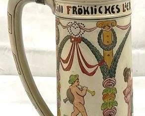 2095 - Vintage German Beer Stein w/ lid 19" tall - text on stein translates to "A joyful life, a lovely life"