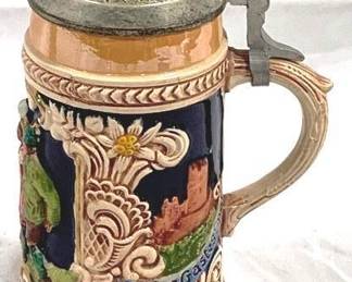 2145 - Vintage German Beer Stein w/ lid 8" tall