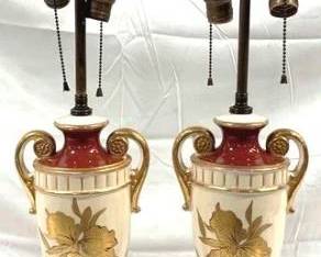 2374 - Vintage Pair Porcelain Table Lamps 31" Hand painted orchid overlay in gold You are buying a used as-is electric/electronic item. We do not guarantee all components are present, and if it is not expressly stated, it is untested.