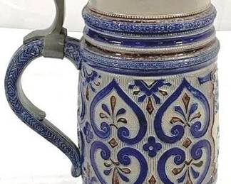 2092 - Vintage German Beer Stein w/ lid 12.75" tall - wording translates to "I comfort myself, when I get sad, from drinking beer. I have not neglected any duty, I drink, I drink, I drink."